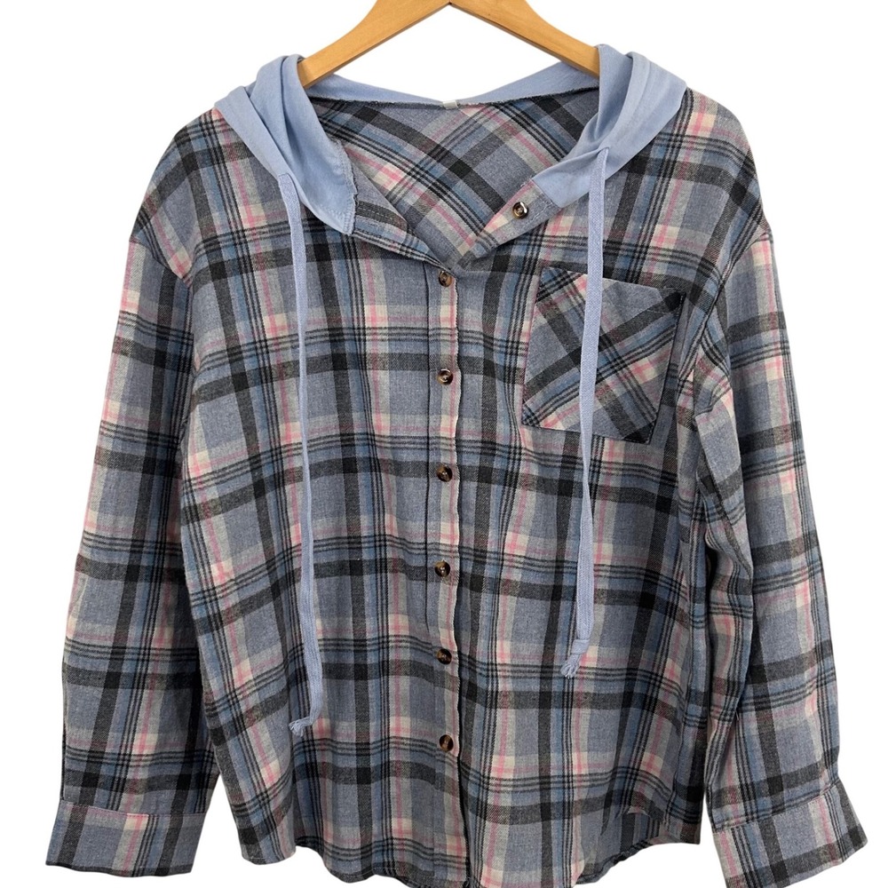 Womens Blue Plaid Hooded Flannel Shirt Button Up Long Sleeve Size M Relaxed Fit